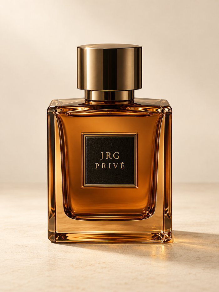 JRG PRIVÉ Cuir Royal concept perfume bottle on an ivory background
