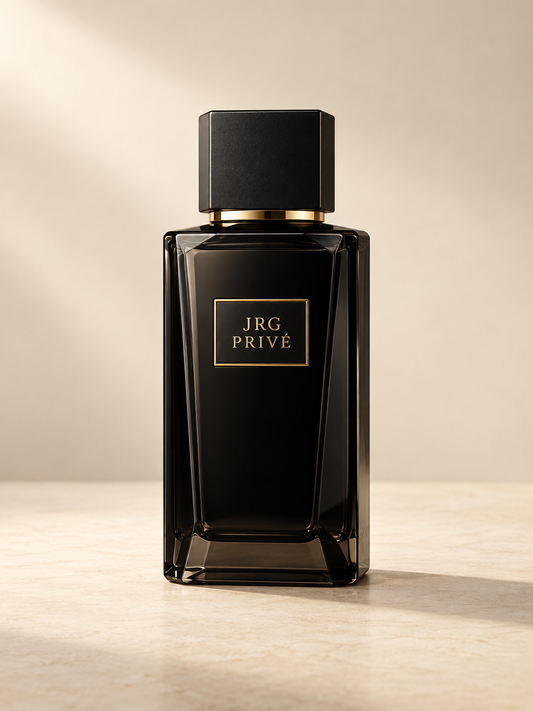JRG PRIVÉ Noir Absolu concept perfume bottle on an ivory background