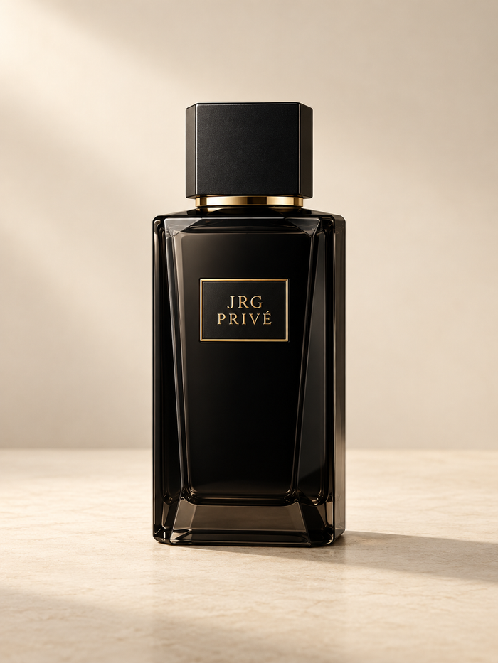 JRG PRIVÉ Noir Absolu concept perfume bottle on an ivory background